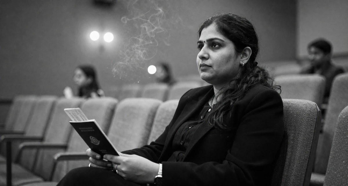 A refreshed Female From Bangladesh, based in Chittagong, graduated from a technical college majoring in graphic design in their 50, established authority in a niche industry, wearing a monochromatic black outfit, holding a passport or ticket in a lecture hall.