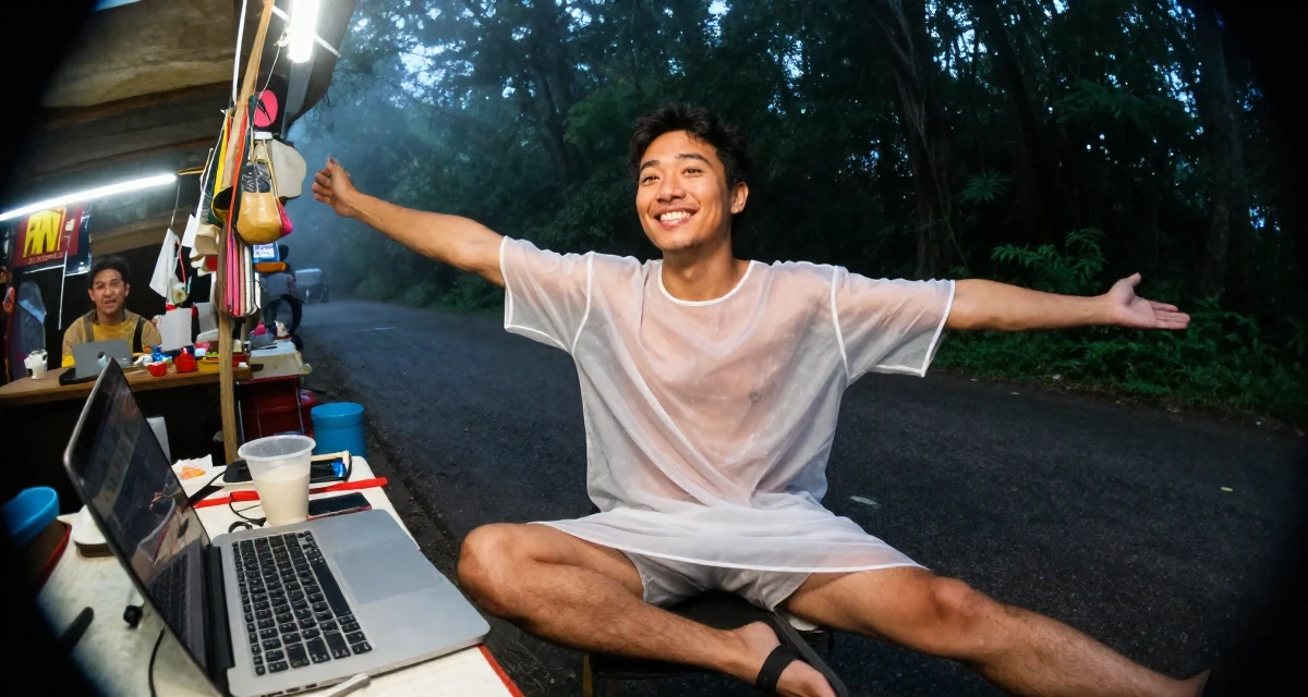 A pleased male From USA, studied computer science but switched to arts in their 25, exploring creativity online, wearing a semi-transparent beach cover-up dress, stretching arms in a night market stall.