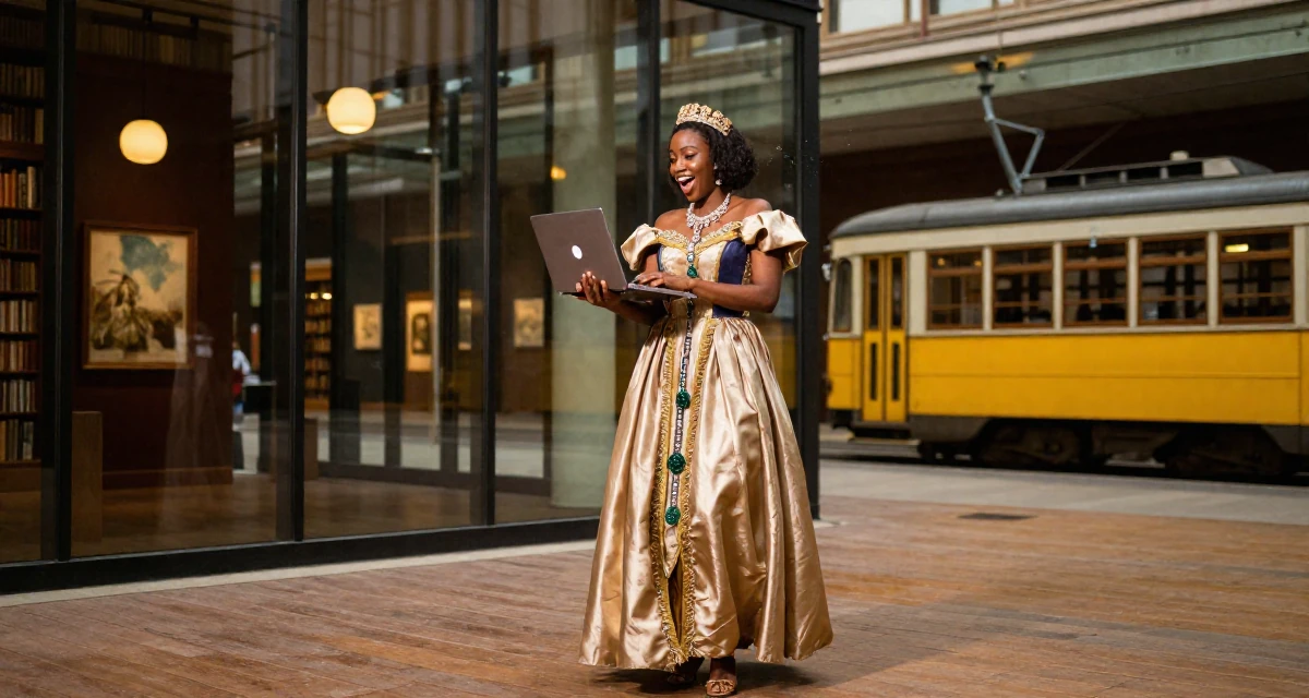 A ecstatic Female From Zambia, majored in marketing communication in their 29, carrying invisible pressure to stay relevant, wearing a regal empress gown with heavy silk and jewelry, typing on a laptop in a art gallery hall.