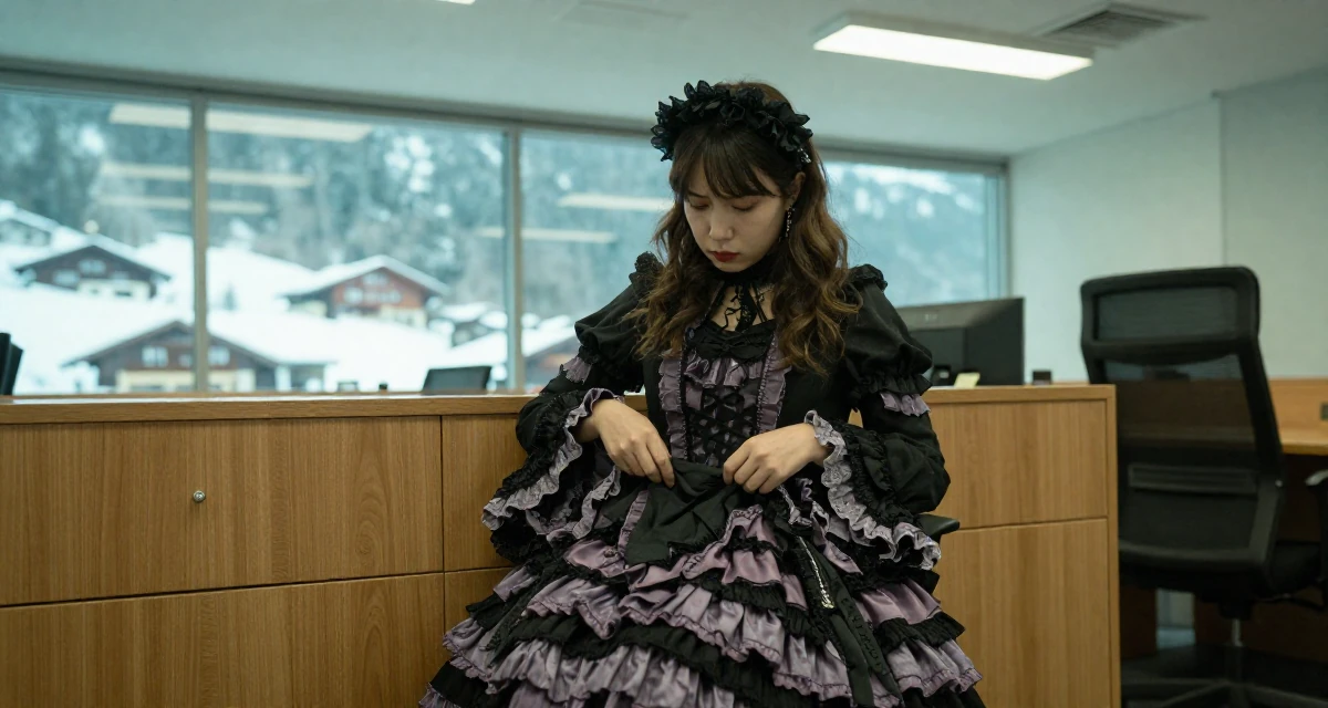 A confused Female Raised in Kenya, studied digital entrepreneurship in their 25, adapting to early adult responsibilities, wearing a elaborate gothic lolita dress with frills and lace, smoothing out clothes in a high-rise office building.