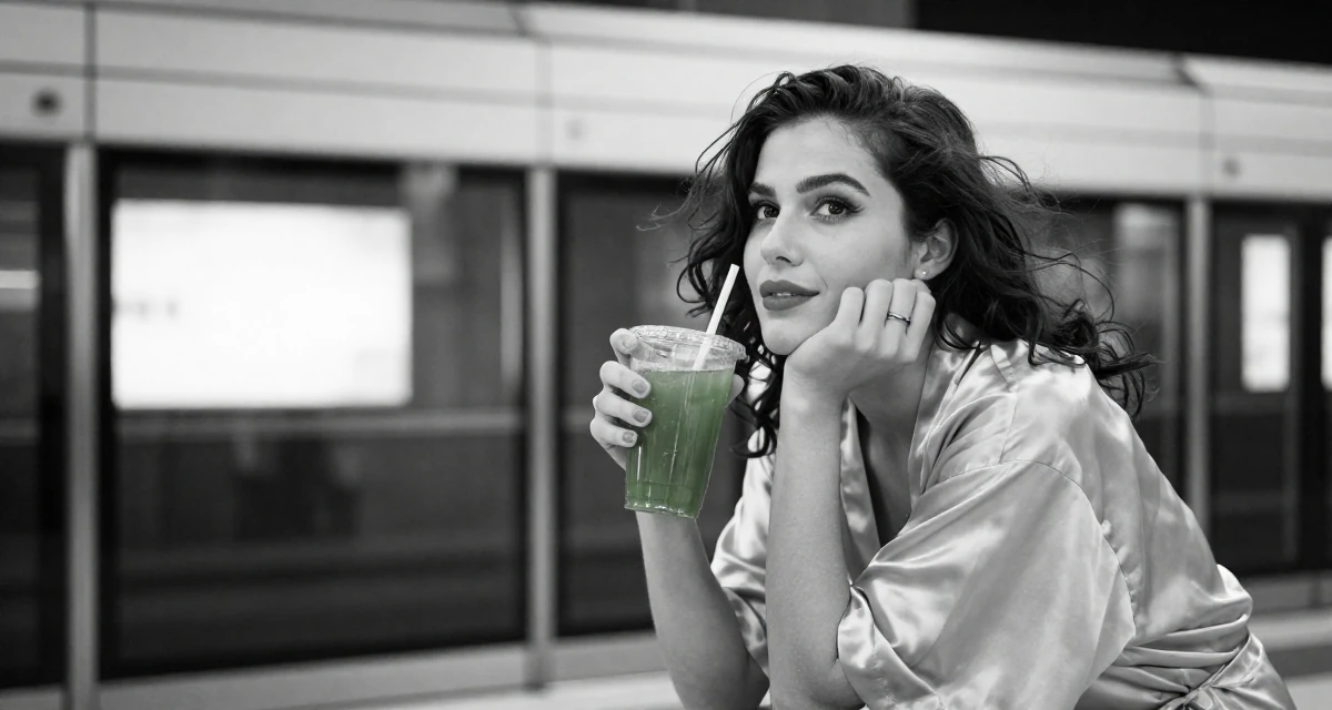 A carefree Female From Bangkok Thailand, studied tourism management in their 24, wearing activewear and holding a green juice, wearing a short silk robe tied loosely, shielding face from the wind in a subway station.