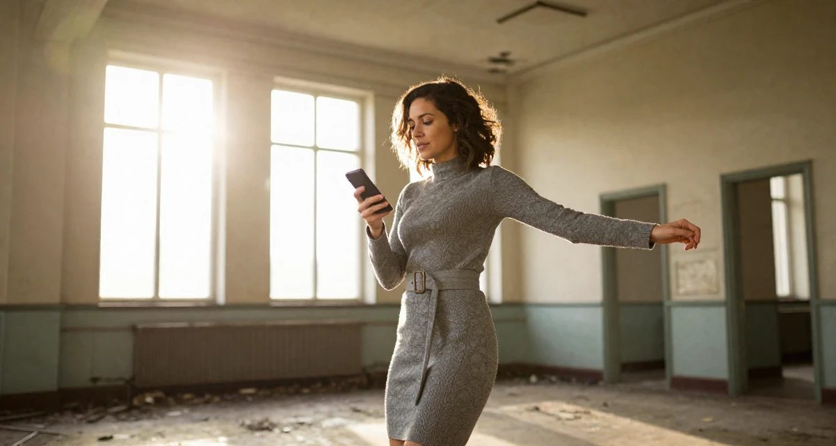 A relaxed and observant Female From Ireland, based in Cork, graduated from a regional college majoring in digital content creation in their 30, seeking adventure and outdoor challenges, wearing a form-fitting sweater dress with a belt, typing a message in a abandoned hospital.