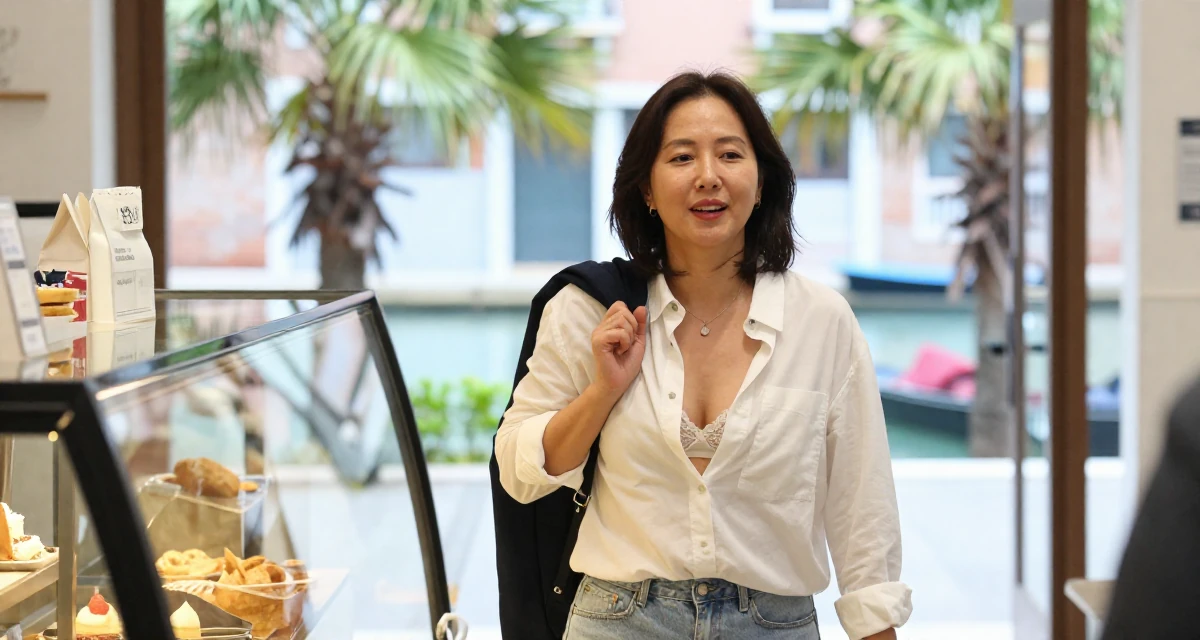 A grateful Female From Seoul South Korea, studied international relations in their 30, feeling established and financially stable, wearing a white button-down shirt worn open over a lace bra, holding a jacket over a shoulder in a bakery counter.