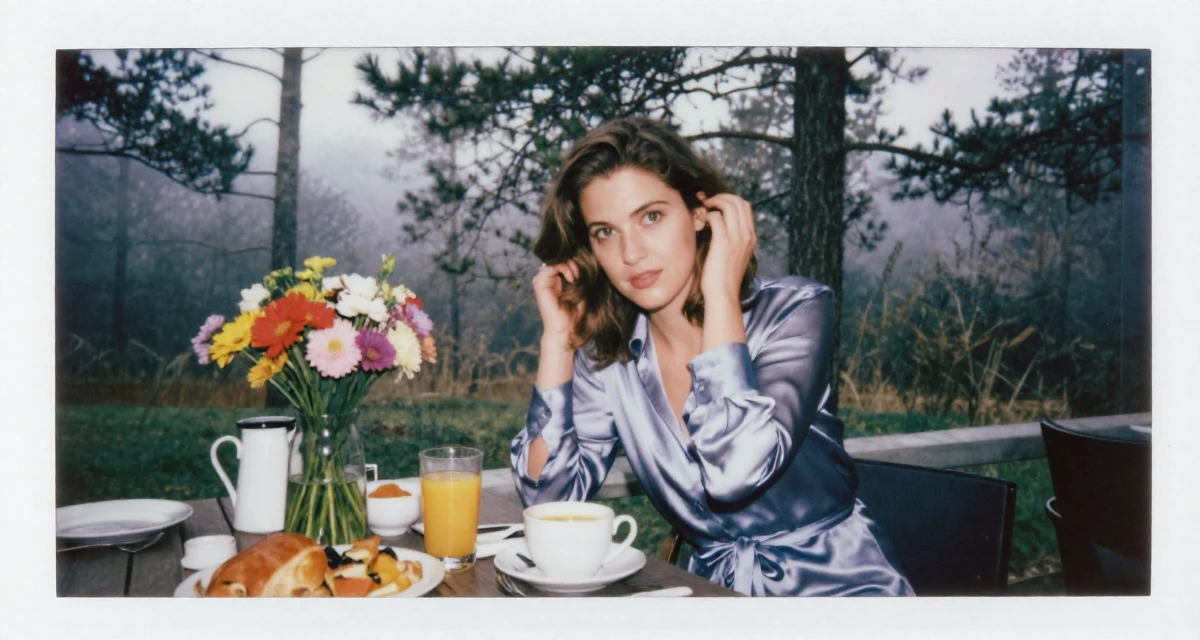 A thoughtful Female From the Netherlands, based in Utrecht, graduated from a creative academy majoring in UX design in their 26, learning that trends shift faster than energy can keep up, wearing a silk shirt dress with a tie waist, tucking hair behind an ear in a breakfast nook.