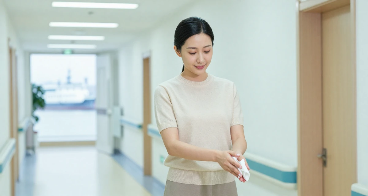 A poised Female Former hotel housekeeper, now offering intimate behind-the-scenes content in their 47, preparing for the empty nest phase, wearing a short sleeve cashmere sweater and a skirt, wiping hands in a hospital corridor.