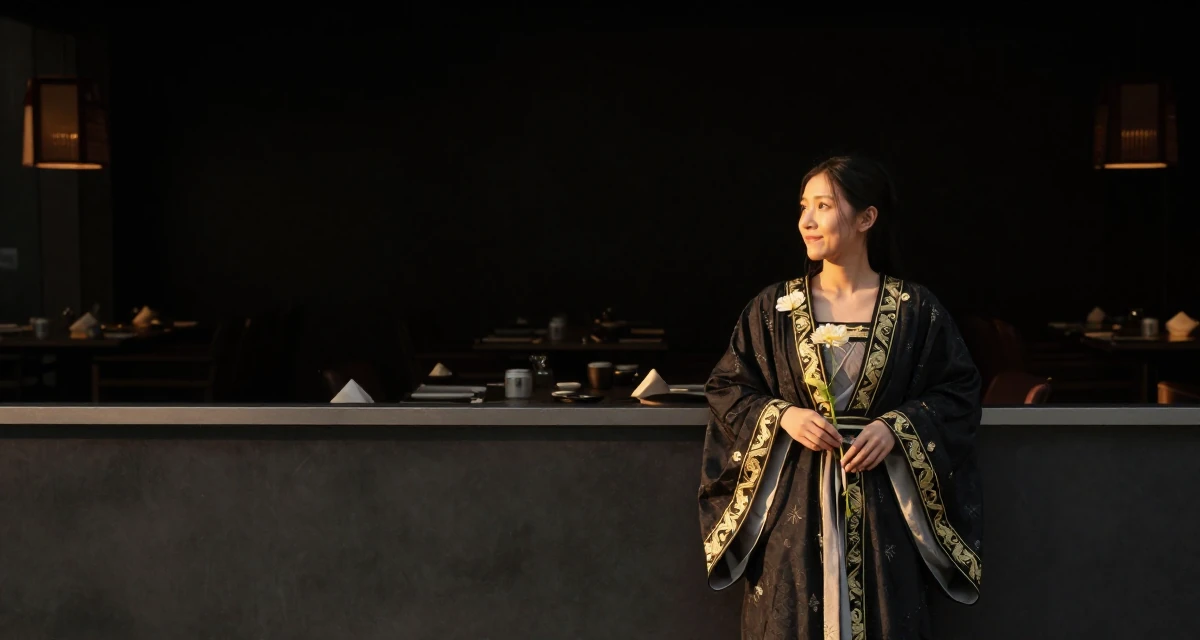 A lighthearted Female From Hong Kong, studied digital media arts in their 25, letting go of the need to please everyone, wearing a high-fantasy sorceress robe with gold embroidery, holding a flower in a high-end restaurant.