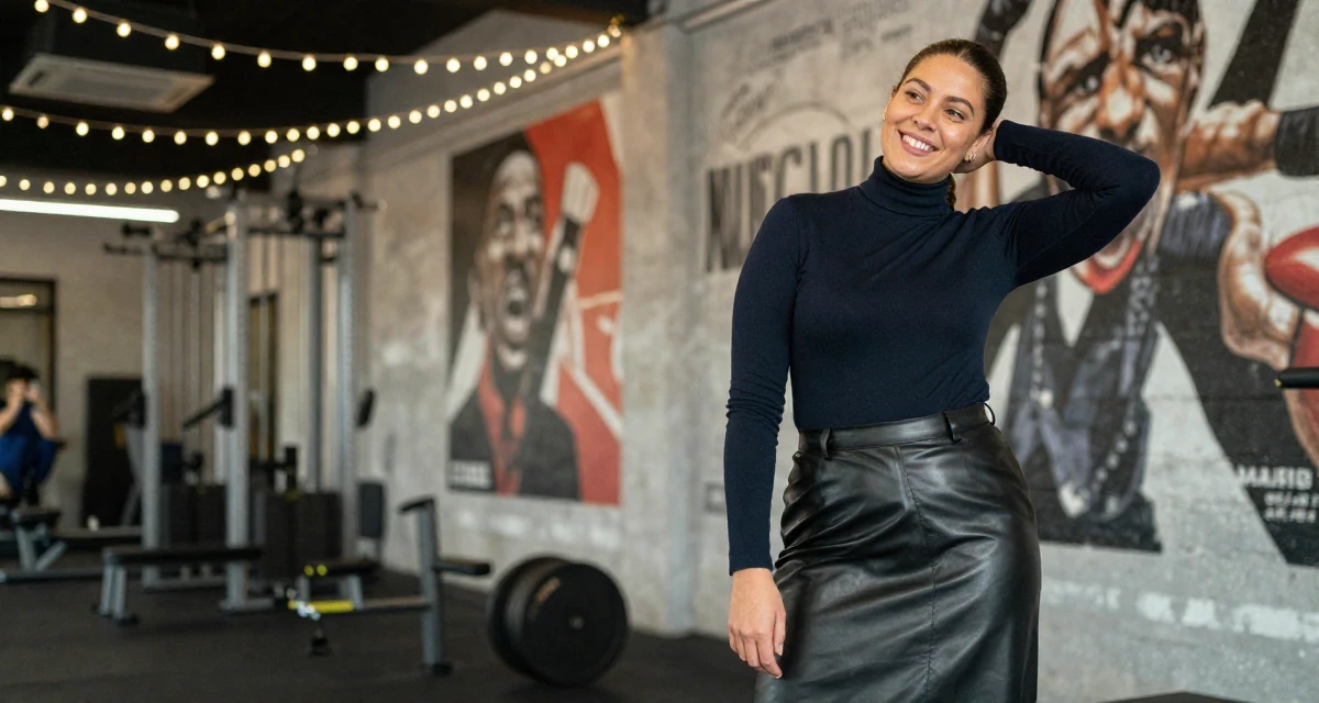 A upbeat Female Former security guard, now a bold confidence-themed creator in their 20, capturing every moment for the aesthetic, wearing a fitted turtleneck and a leather midi skirt, leaning head on a hand in a gym interior.