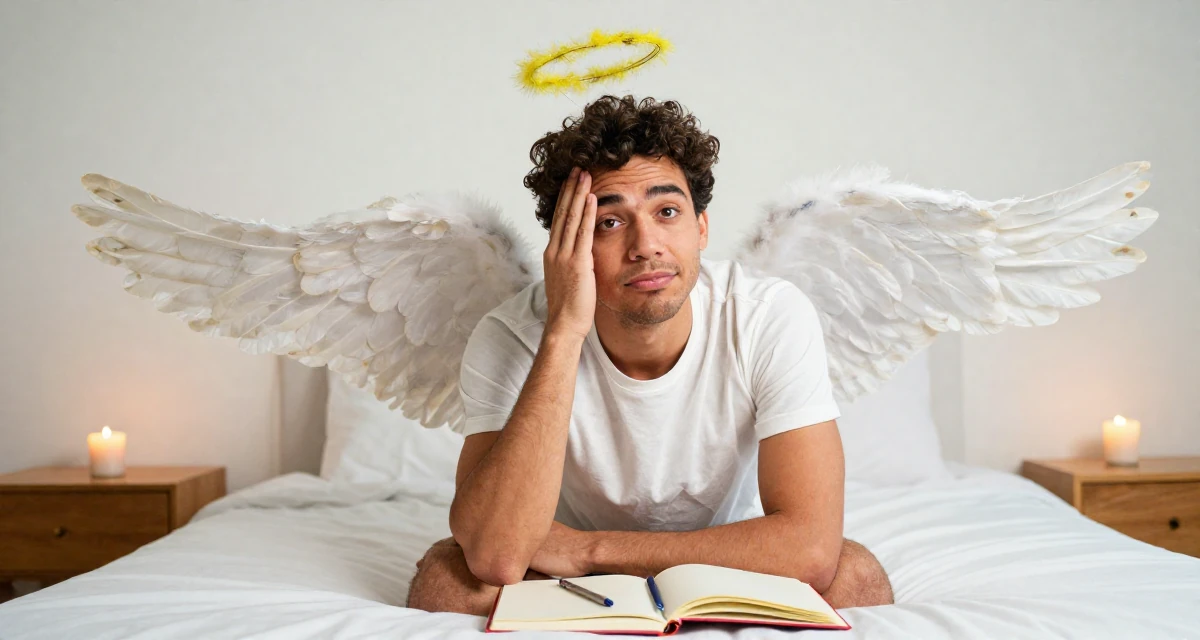 A dreaming male From Sweden, trained in interior architecture in their 25, experimenting with playful photos that boost confidence, wearing a angel costume with large feathered wings and a halo, resting a hand on the forehead in a minimalist bedroom.