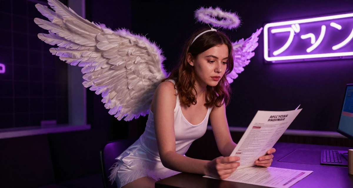 A confident and poised Female From Russia, studied psychology at a community college in their 24, cutting off toxic relationships without guilt, wearing a angel costume with large feathered wings and a halo, looking at a menu in a home interior.
