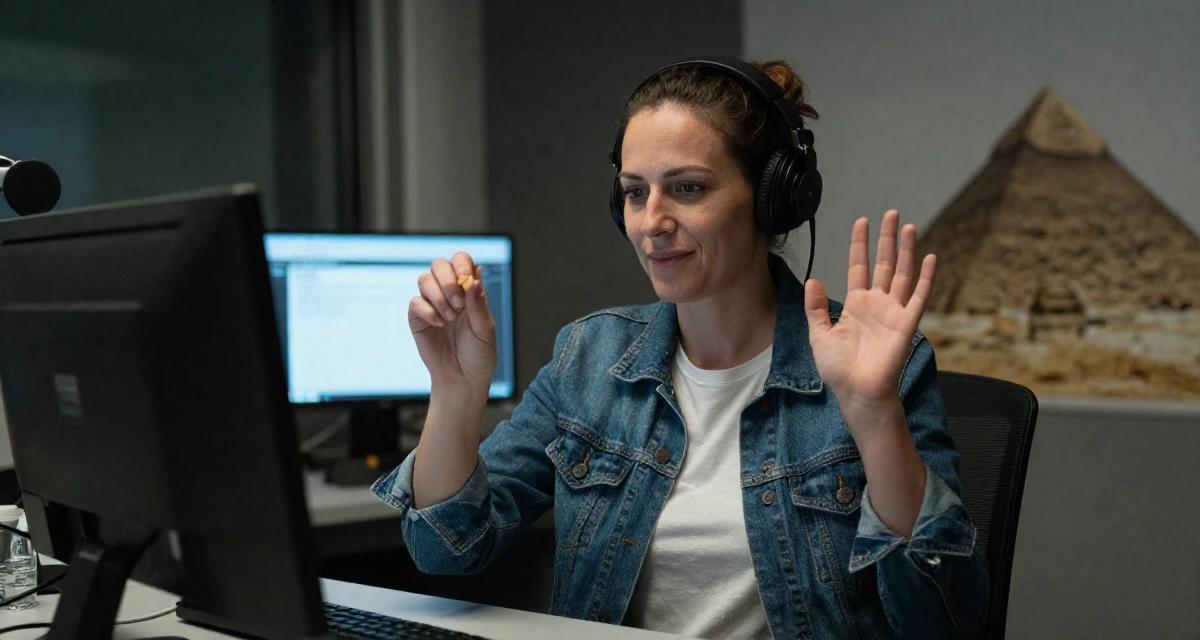A quietly happy Female From Germany, based in Düsseldorf, graduated from a design university majoring in atmospheric visual storytelling in their 45, sharing wisdom on navigating office politics, wearing a classic denim jacket and white tee, picking something up in a radio station.