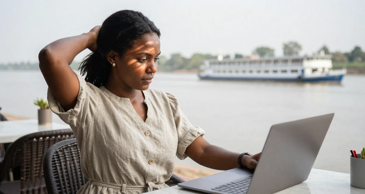 A carefree Female From Nigeria, studied biomedical science in their 30, weighing long-term health against constant digital hustle, wearing a chic summer linen outfit, adjusting sleeves in a breakfast nook.
