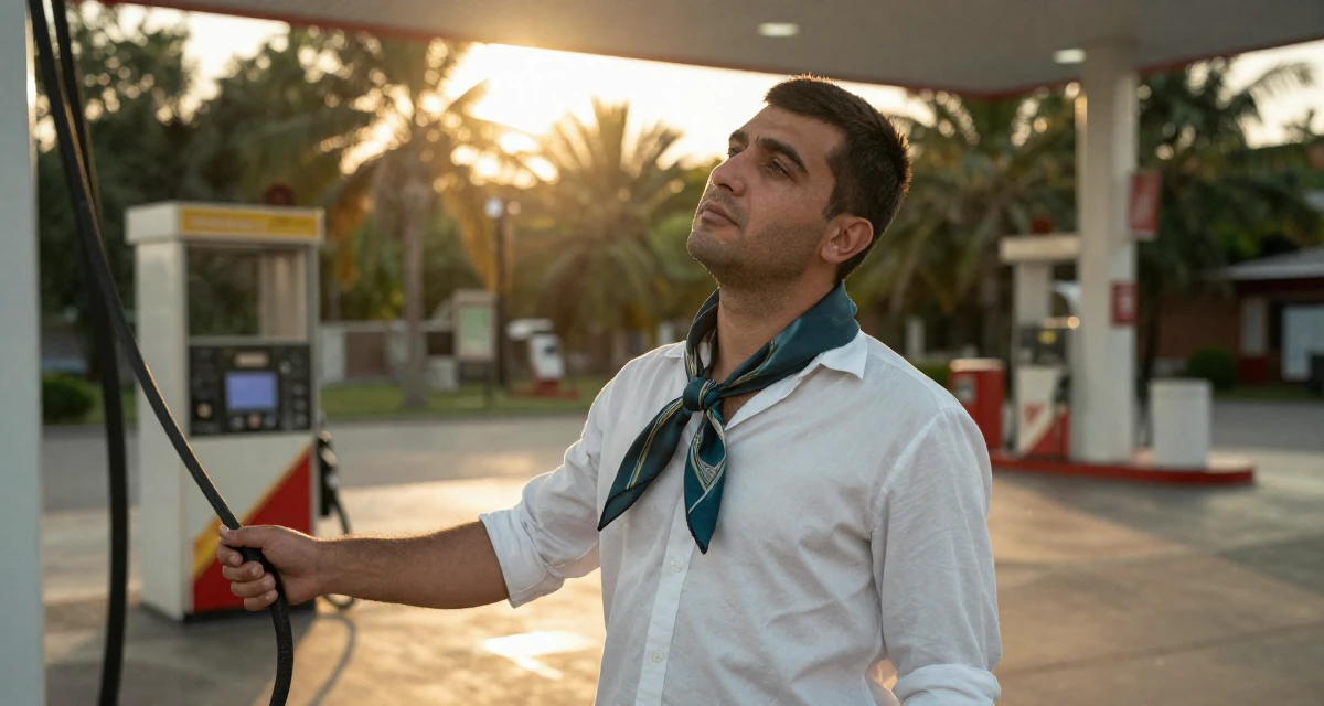 A zoned out male From Turkmenistan, studied industrial technology in their 38, capturing cinematic moments of daily life, wearing a silk scarf tied around the neck of a white shirt, holding a leash in a gas station at night.