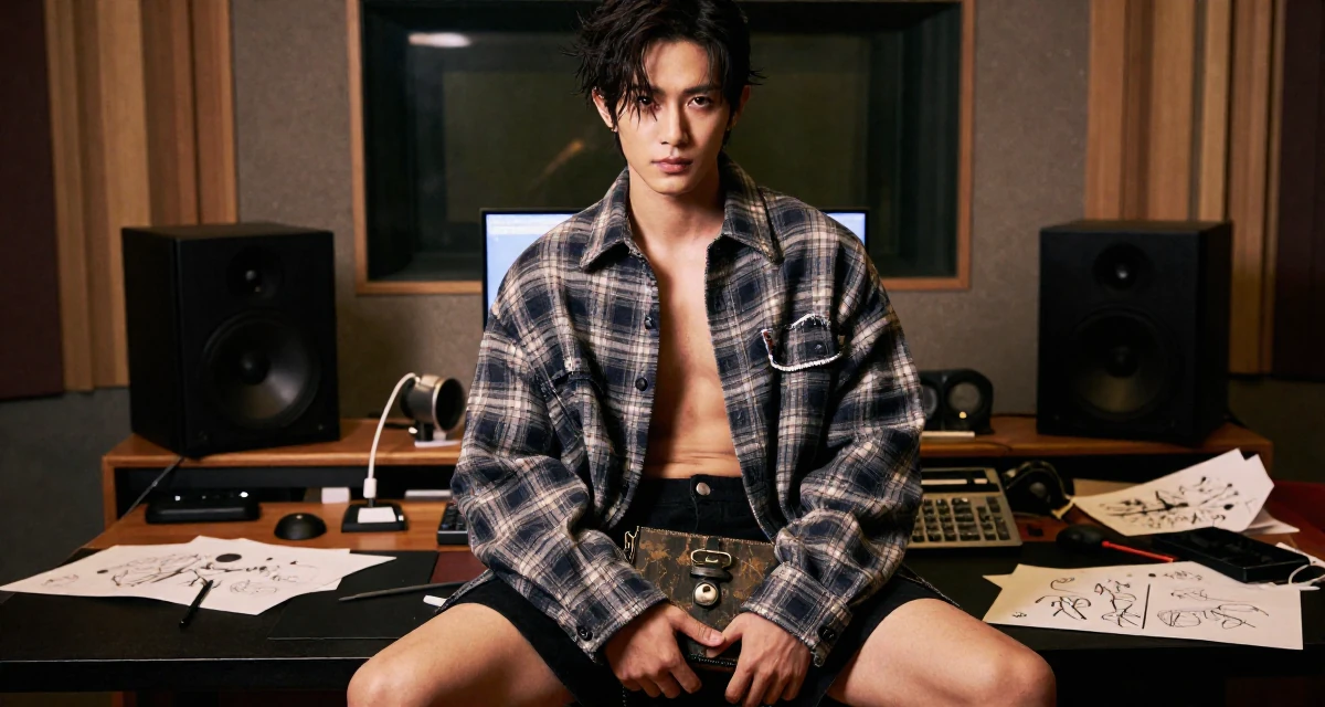 A fearless male Once a logistics temp worker, now enjoying flexible creator life in their 22, creating slow-burn sensual concepts, wearing a oversized flannel shirt unbuttoned over a crop top, holding a purse tightly in a music recording studio.