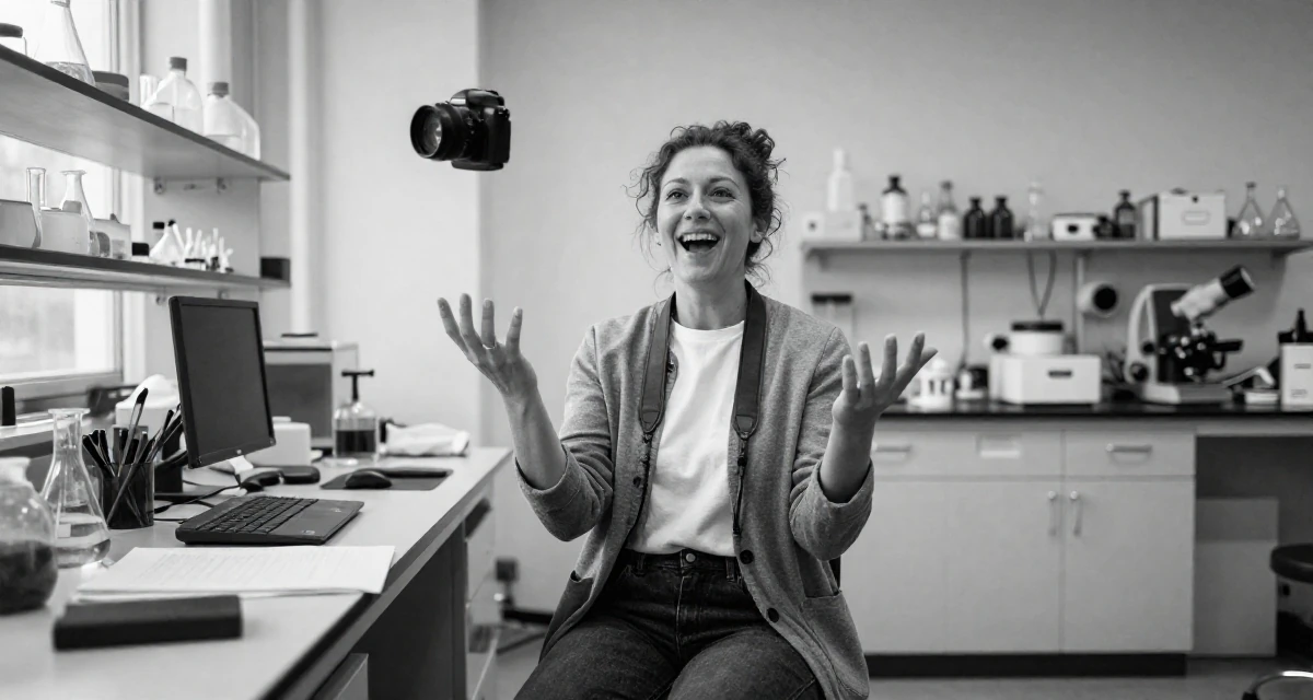 A ecstatic Female Raised in the UK, studied marketing strategy in their 43, juggling two jobs, wearing a modern casual lifestyle wear, holding a camera ready to shoot in a science lab.
