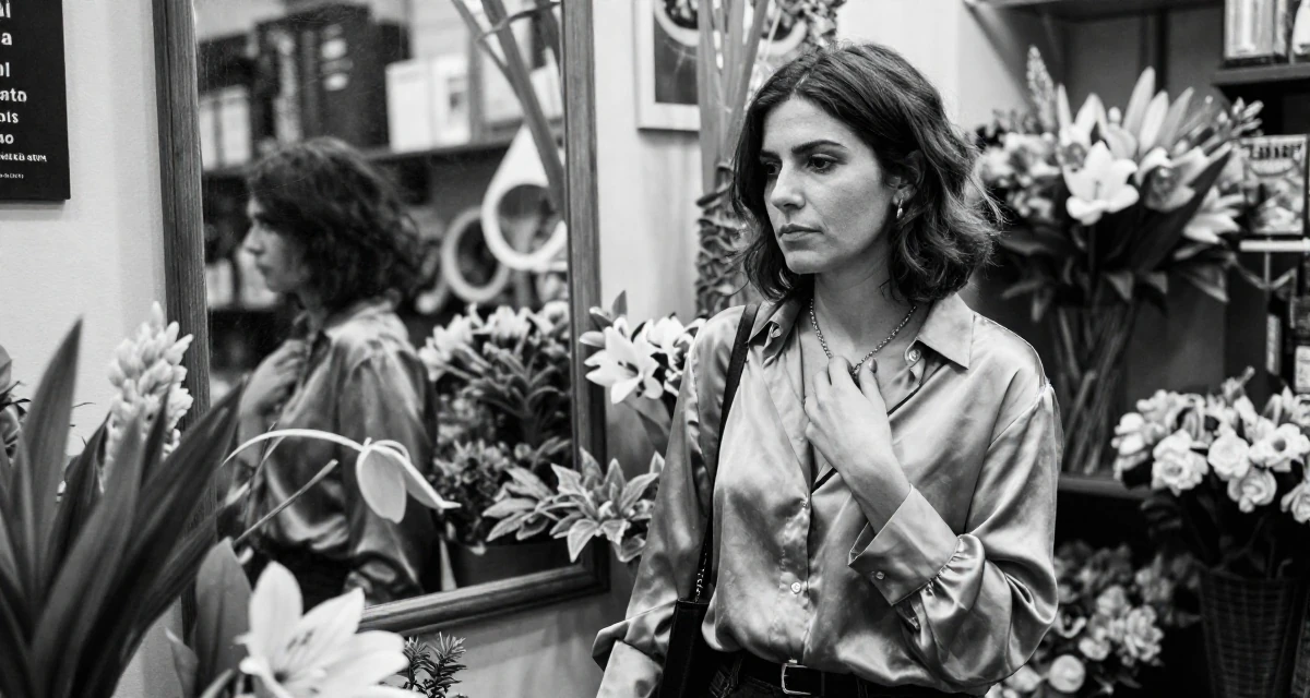 A solemn but kind Female From Barcelona Spain, majored in audiovisual production in their 25, exploring monetization without compromising comfort, wearing a silk blouse with oversized cuffs, touching a necklace in a flower shop.