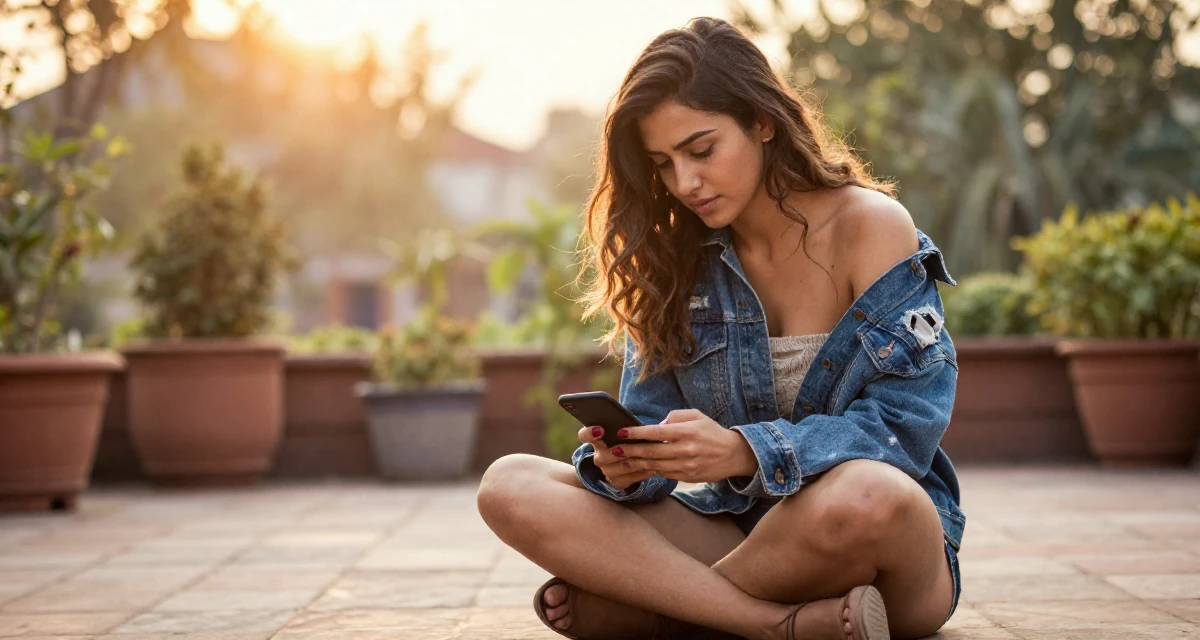 A soulful Female Born in Nepal, studied urban planning in their 32, exploring sustainable fashion and ethical living, wearing a denim jacket worn off-shoulder over a tube top, unlocking a phone screen in a garden patio.