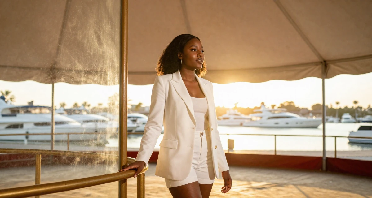A harmonious Female From Lagos Nigeria, majored in digital marketing in their 23, shifting from impulsiveness to intentional planning, wearing a white blazer and matching white shorts, leaning on a railing in a circus tent interior.