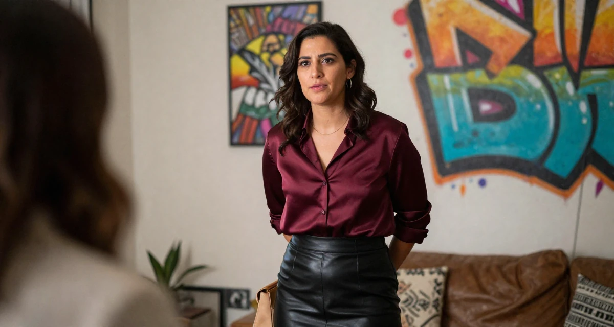 A playful Female From United States, majored in hospitality operations in their 29, analyzing every detail of social interactions, wearing a burgundy silk blouse and black leather skirt, holding a purse tightly in a home interior.