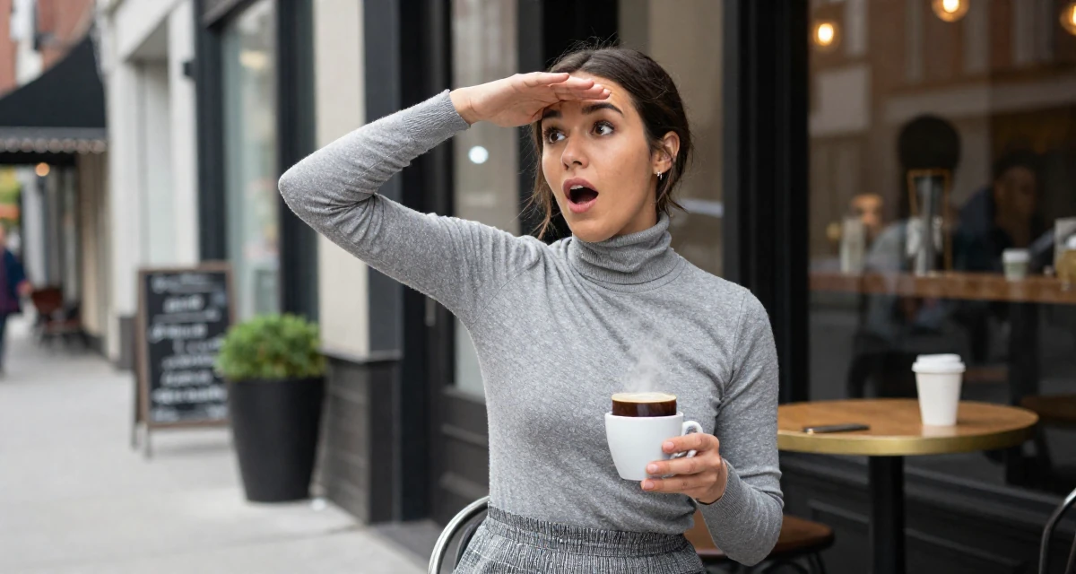 A surprised Female From Canada, trained in advertising and branding in their 25, experimenting with niche themes to stand out, wearing a fitted turtleneck and skirt, shading eyes with a hand in a wedding venue.