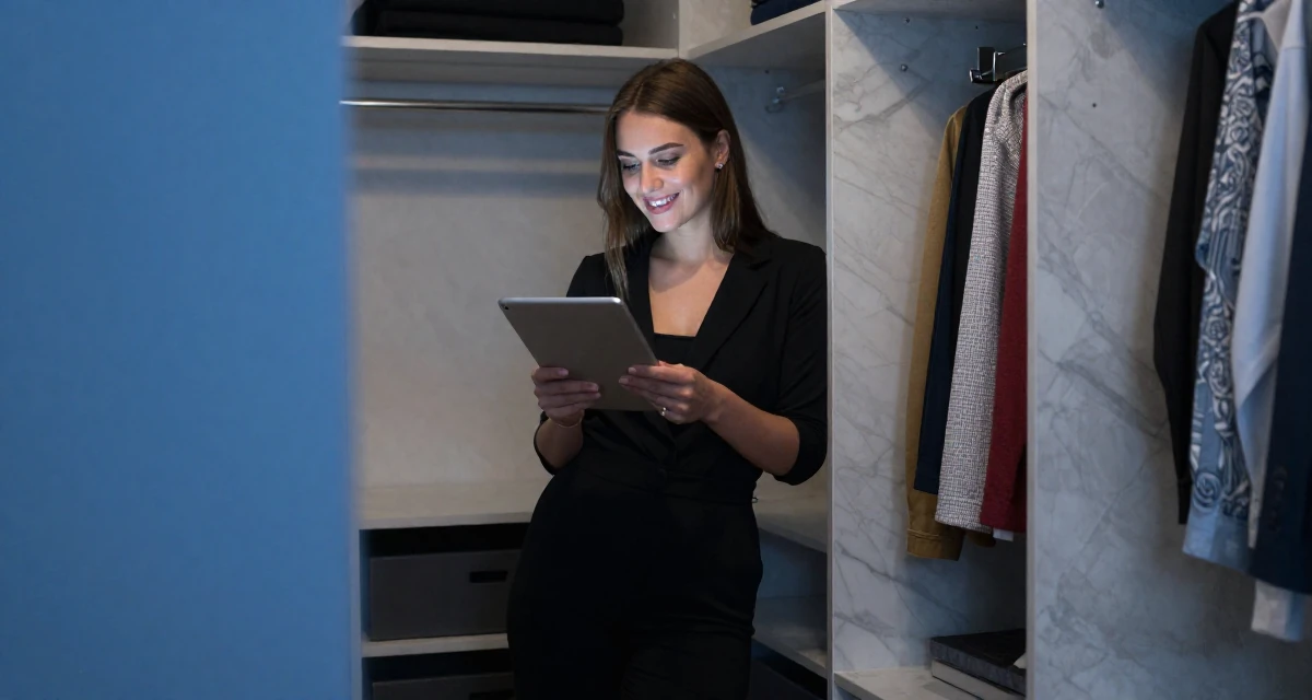 A optimistic Female From Poland, based in Gdańsk, graduated from a communication college majoring in expressive personal branding in their 21, reading philosophy and questioning everything, wearing a black jumpsuit with a blazer style top, holding a tablet device in a walk-in closet.