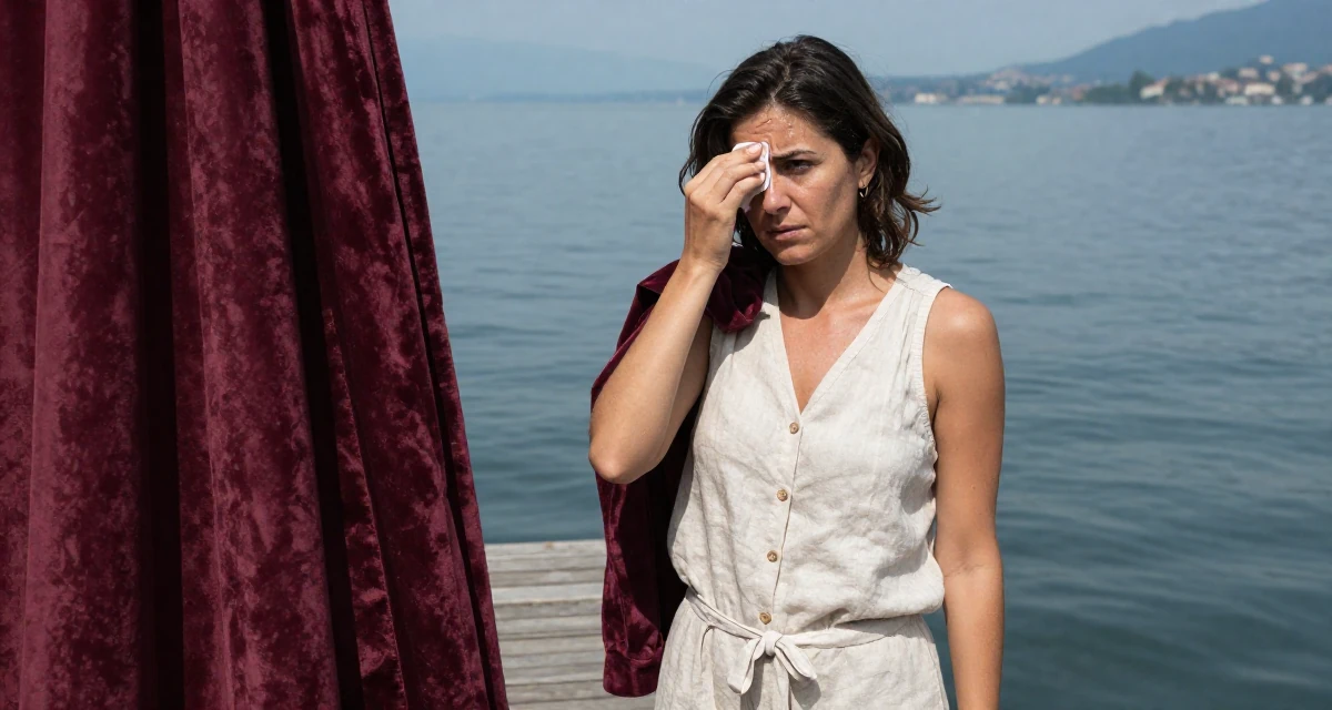A steady Female From Italy, majored in photography and visual arts in their 49, looking forward to the freedom of 50, wearing a chic summer linen outfit, wiping sweat from the brow in a serene lakeside dock.
