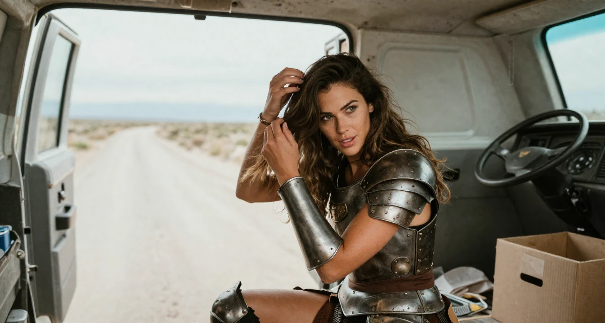 A bewitching Female From Vancouver Canada, trained in natural light portraiture in their 35, renovating a vintage van for travel, wearing a battle-damaged armor showing skin underneath, retouching hair volume in a basement studio.