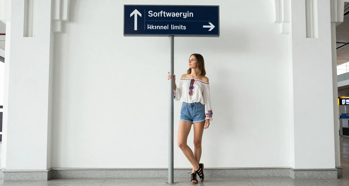 A gentle Female From Ukraine, studied software engineering in their 24, understanding personal limits and staying safe, wearing a boho style off-shoulder peasant top and shorts, looking at a street sign in a airport terminal.