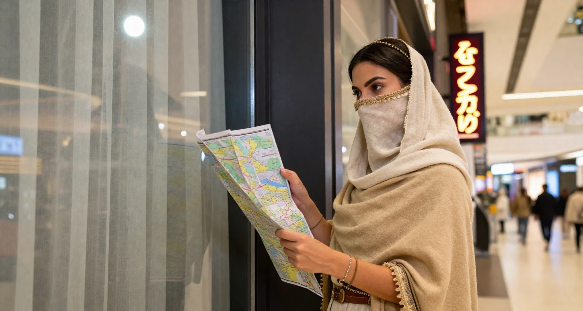 A captivating Female From France, studied philosophy at Sorbonne in their 24, looking for meaning beyond the paycheck, wearing a desert nomad wrap outfit with a face veil, looking at a map in a shopping mall atrium.