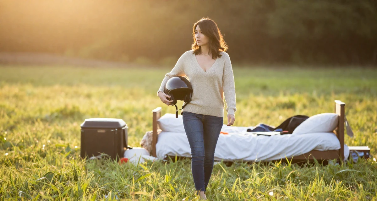 A lonely Female From Osaka Japan, learned cosplay craftsmanship and character styling in their 24, investing in quality furniture and lifestyle, wearing a plunging v-neck sweater and skinny jeans, holding a helmet under one arm in a grassy field.