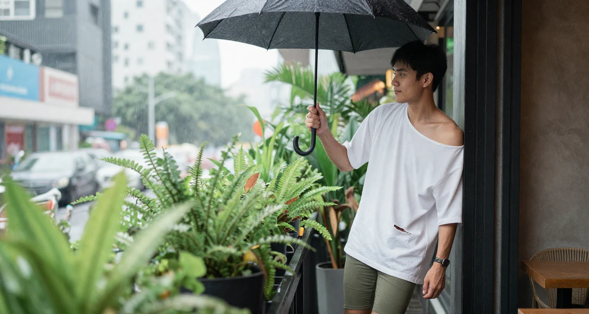 A gentle male From Vietnam, majored in social work in their 31, sharing tips on modern urban gardening, wearing a oversized white shirt worn off one shoulder and biker shorts, shaking rain off an umbrella in a cozy café.