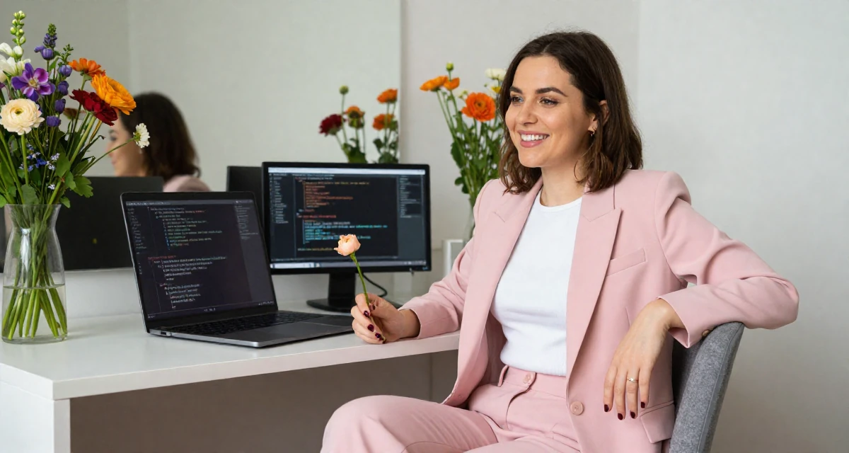 A joyful Female From Brno Czech Republic, trained in alternative fashion styling in their 33, teaching coding and tech skills online, wearing a tailored pantsuit in pastel pink with a white top, holding a flower in a vanity mirror.