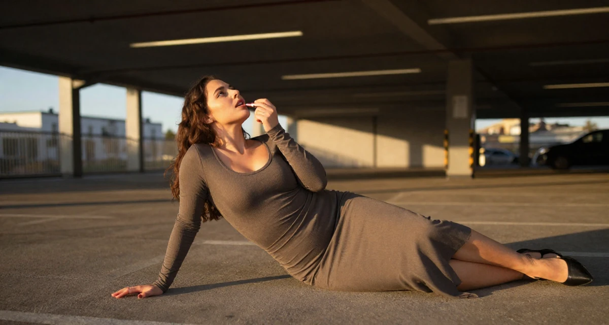 A longing Female From Helsinki Finland, practiced emotional expression through self-portrait art in their 40, embracing natural beauty and self-acceptance, wearing a tight long-sleeve bodysuit and a slit midi skirt, applying lipstick in a underground parking garage.