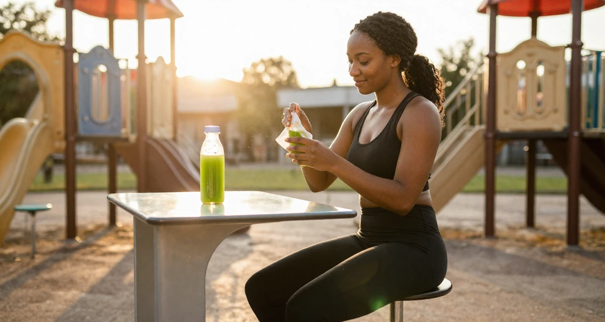 A softly smiling Female From Rwanda, majored in social innovation in their 24, wearing activewear and holding a green juice, wearing a urban minimalist silhouette, wiping hands in a school playground.