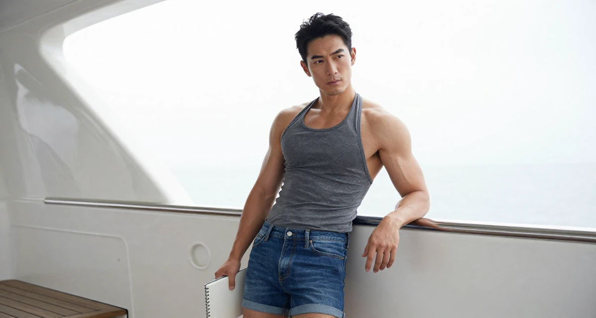 A assertive male From Sapporo Japan, trained in fitness and body sculpting in their 25, preparing for larger adult responsibilities, wearing a backless halter top and denim shorts, holding a notebook in a yacht deck.