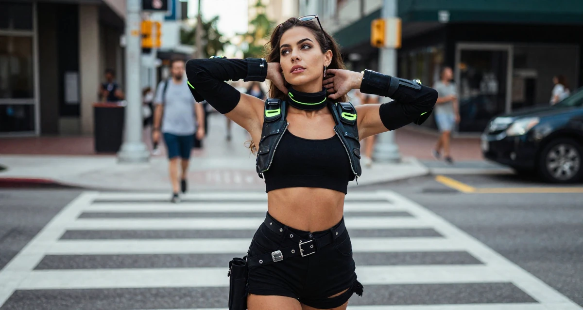 A dreamy Female From Miami USA, studied hospitality and tourism in their 29, battling algorithm changes that destroy momentum, wearing a cyberpunk street samurai gear with neon accents, stretching the neck in a busy crosswalk.