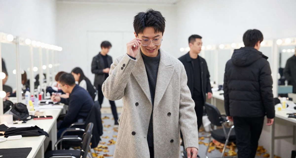 A vibrant and alive male From Shanghai China, majored in journalism in their 25, fighting comparison with creators who grew faster, wearing a elegant woolen coat styling, pushing glasses up the nose in a backstage dressing room.