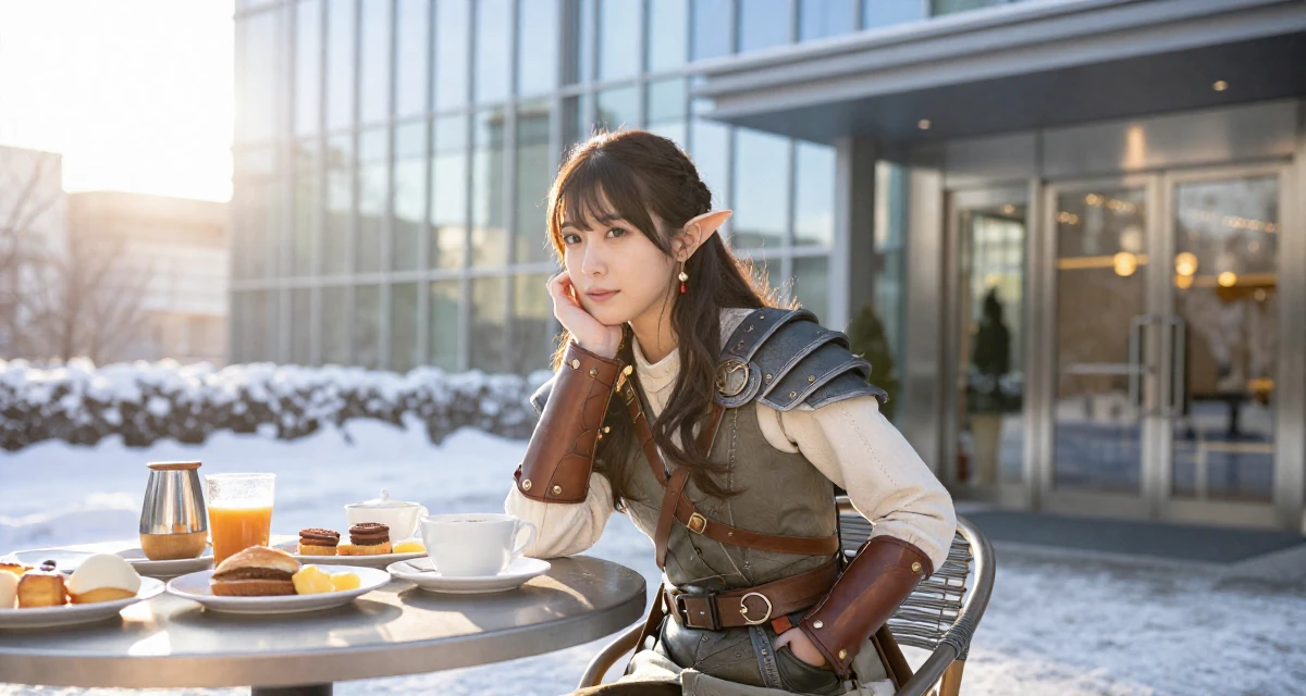 A gentle Female From Japan, studied English literature in their 25, exploring soft-glam looks to elevate content quality, wearing a fantasy elven archer outfit with leather armor details, putting hands in pockets in a breakfast nook.