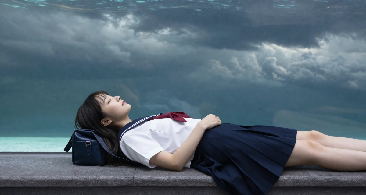 A warm Female From Switzerland, based in Geneva, graduated from a local university majoring in communication management in their 22, realizing their parents were right about sleep, wearing a Japanese school sailor uniform (seifuku) with a pleated skirt, holding a purse tightly in a aquarium tunnel.