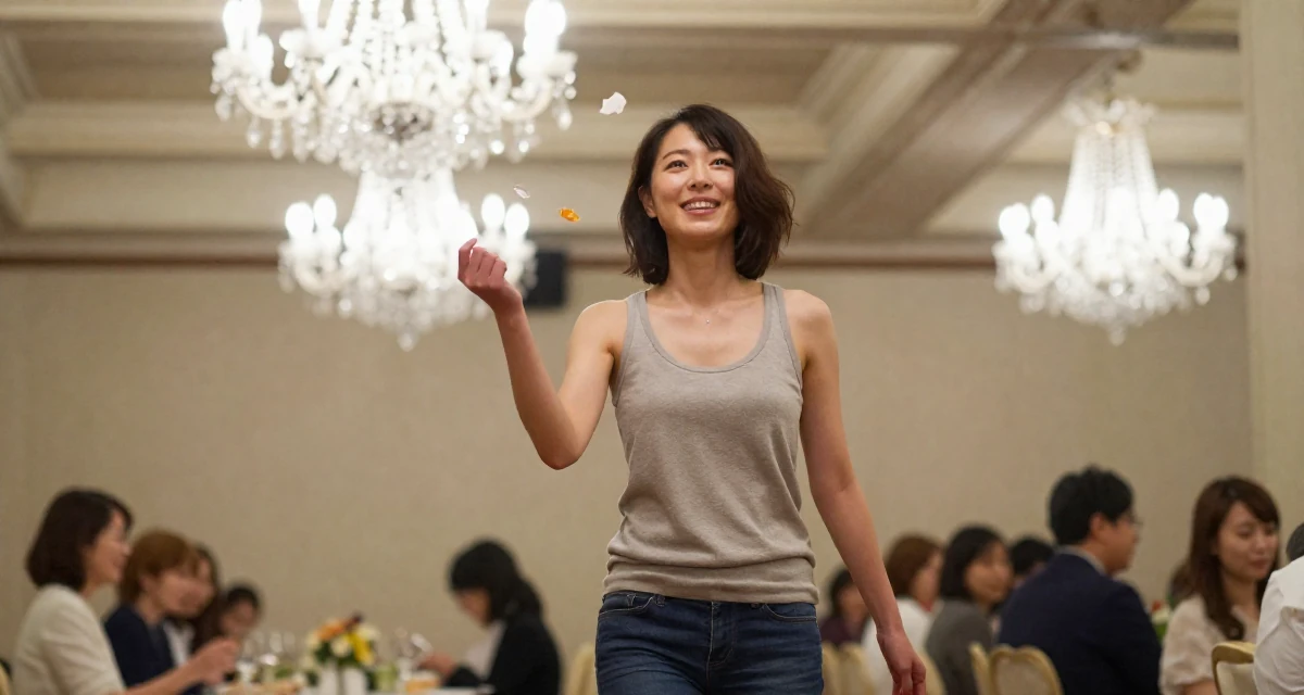 A victorious Female From Japan, majored in interactive media in their 20, living entirely for the aesthetic of the moment, wearing a simple tank top and jeans, catching a falling flower petal in a banquet hall.