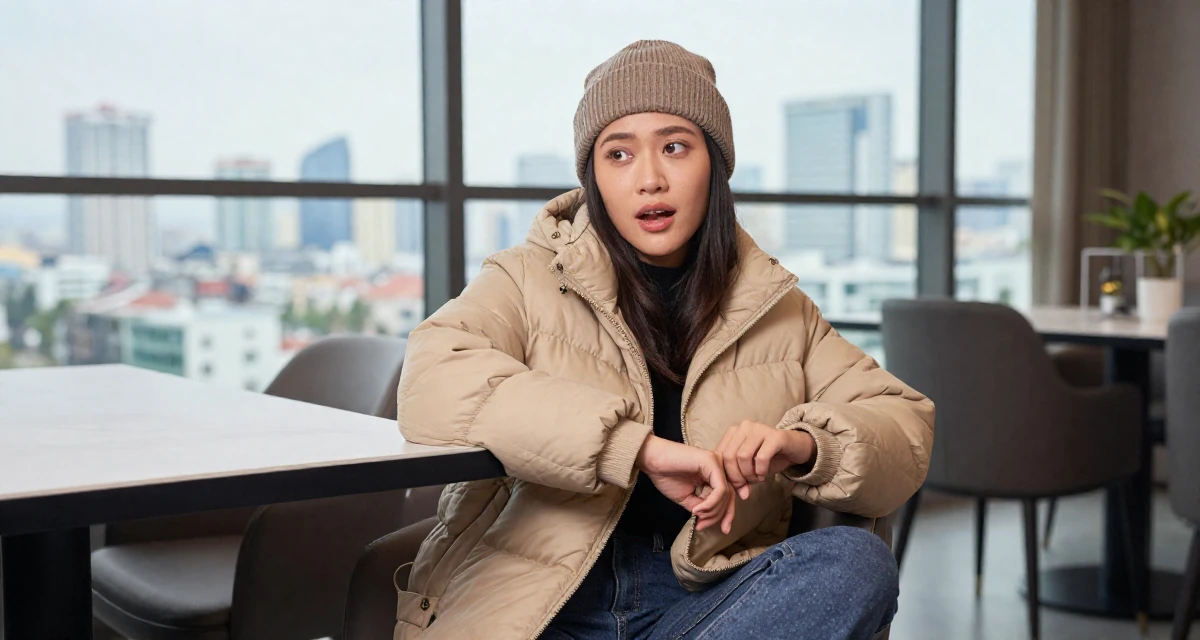 A relaxed Female From Vietnam, based in Da Nang, graduated from a local university majoring in e-commerce in their 25, excited but unsure about how to grow first followers, wearing a warm puffer jacket and beanie, adjusting sleeves in a dining room.