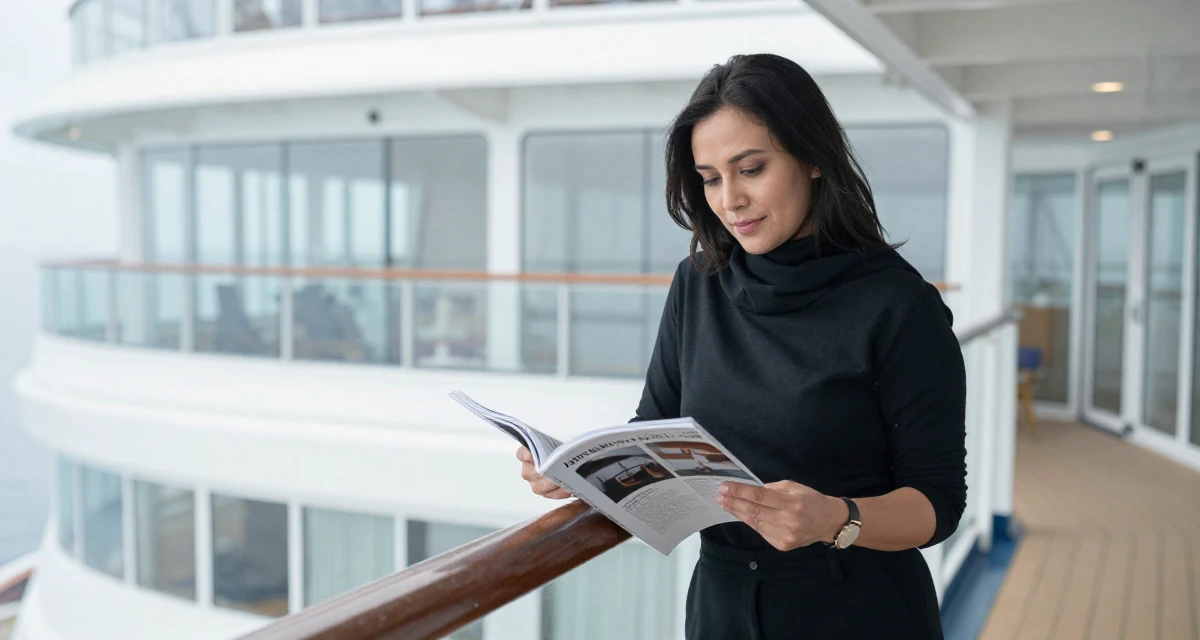 A calm and confident Female From Indonesia, majored in visual communication in their 41, expert in digital marketing for small biz, wearing a monochromatic black outfit, flipping through a magazine in a cruise ship deck.