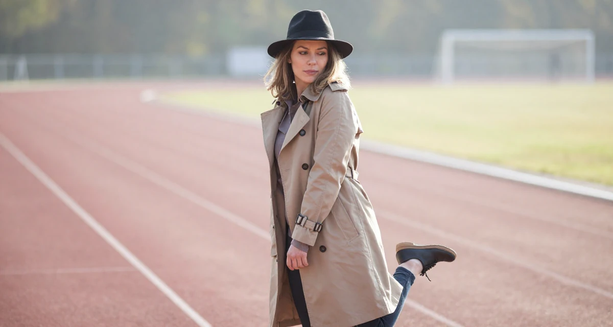 A unbothered Female From Munich Germany, studied mechanical engineering in their 20, living entirely for the aesthetic of the moment, wearing a detective trench coat and fedora hat, dangling a shoe from one foot in a running track.