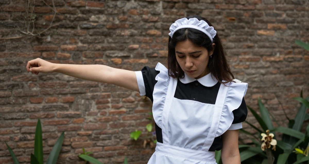 A melancholic yet beautiful Female From Rome Italy, majored in art history in their 29, managing emotional burnout disguised as “taking a break”, wearing a maid outfit with a white apron and ruffled headband, dusting off the shoulder in a botanical garden.