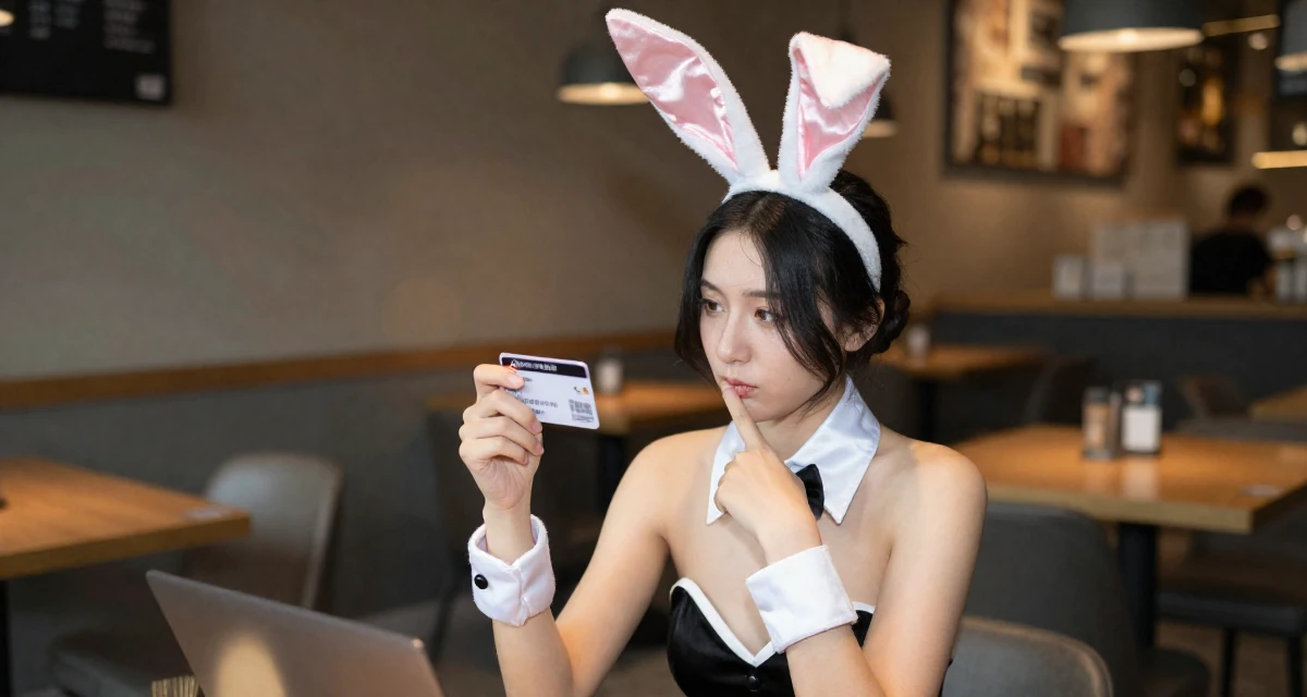 A patient Female Former hotel housekeeper, now offering intimate behind-the-scenes content in their 23, exploring flirty aesthetics while staying within comfort zones, wearing a playful bunny girl costume with satin ears and cuffs, holding a subway card in a cozy café.