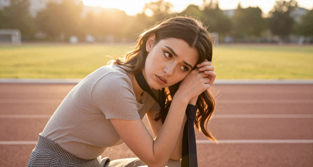 A unimpressed Female Once a makeup counter employee, now teaching glam techniques to fans in their 25, questioning long-term direction, wearing a fitted ribbed top and a check pattern skirt, playing with a tie in a running track.