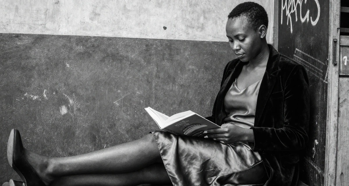 A zen-like Female Raised in Kenya, studied digital entrepreneurship in their 22, exploring early career opportunities, wearing a velvet blazer and a silk slip dress, opening a book in a waiting room.