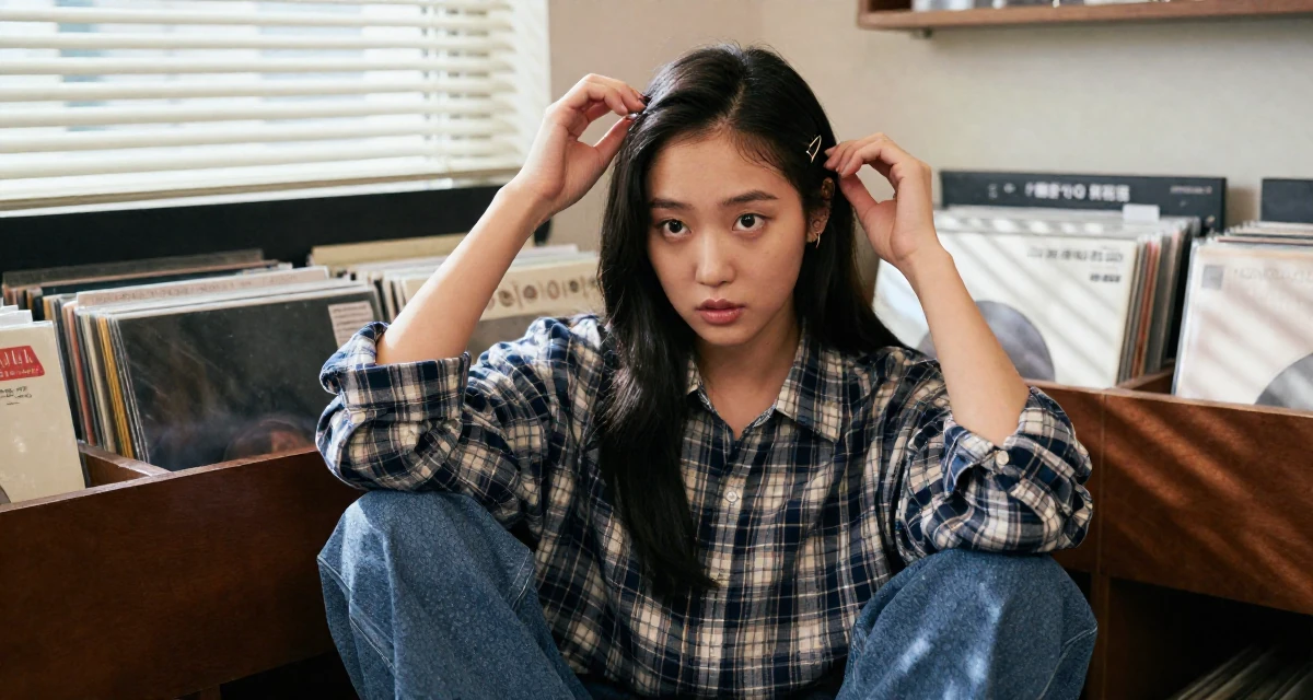A curious and focused Female From South Korea, studied textile design and fashion in their 25, struggling to maintain motivation in early studies, wearing a casual plaid button-down, adjusting a hairpin in a vintage record store.