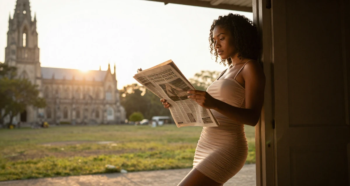 A introspective Female From Trinidad & Tobago, studied performing arts in their 25, building long-term loyalty with core subscribers, wearing a ruched mini dress that accentuates the figure, holding a newspaper in a grassy field.