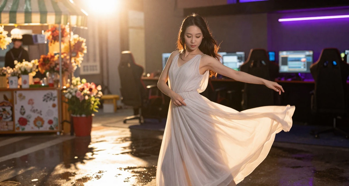 A coy Female From Hong Kong, trained in contemporary dance and visual expression in their 25, struggling with academic workload, wearing a ethereal spirit dress made of flowing sheer chiffon, reaching for a pocket in a gaming room.