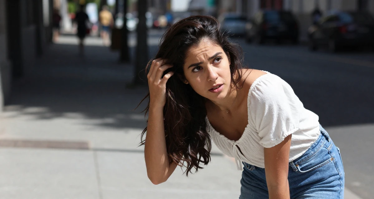 A mysterious Female From Venezuela, majored in public administration in their 20, discovering their first real sense of independence, wearing a breezy summer vacation outfit, retouching hair volume in a city sidewalk.